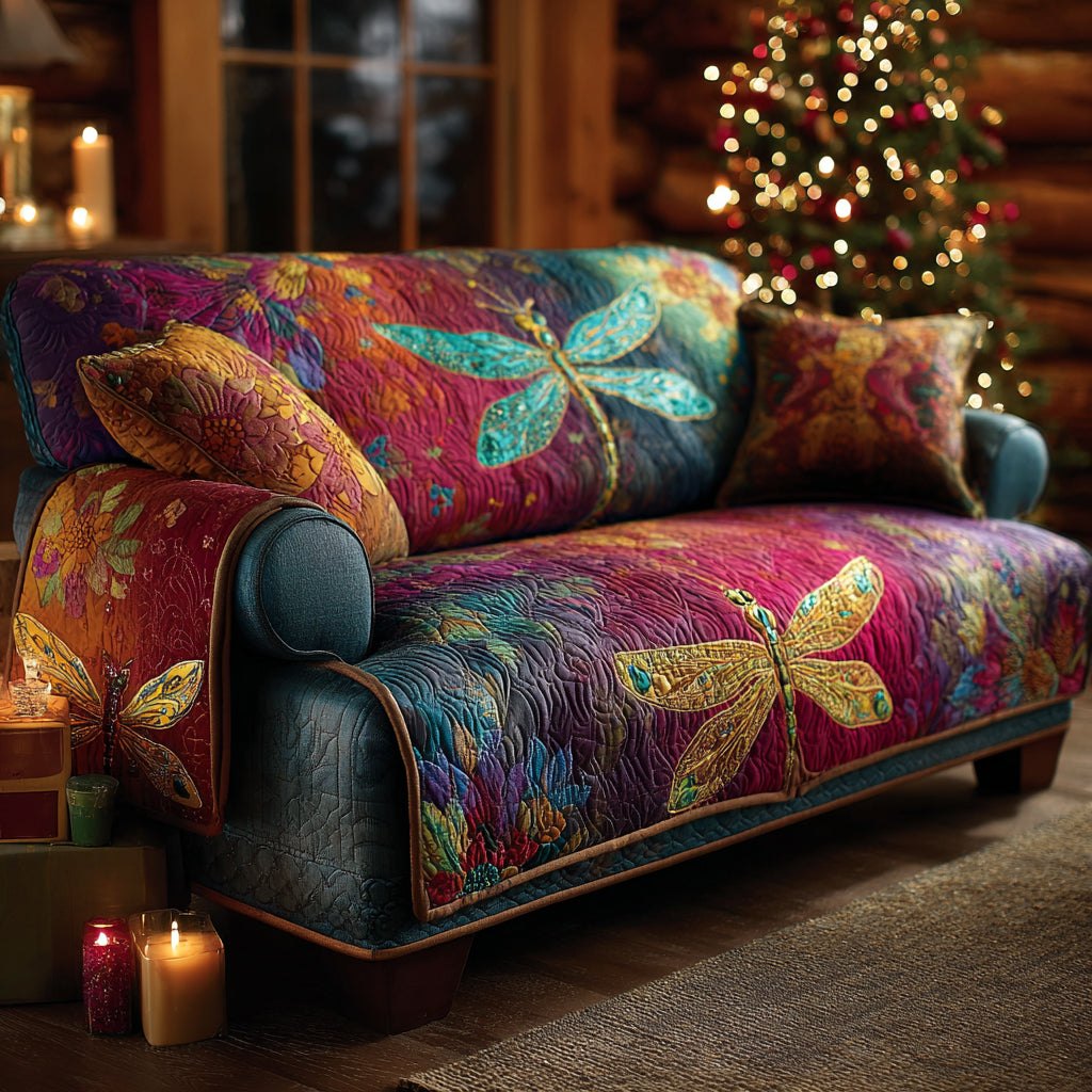 Dragonfly on Jewel Tone Patchwork Sofa Cover