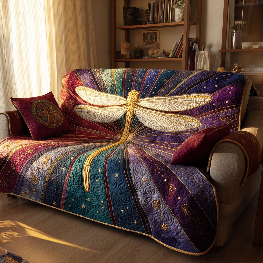Golden Dragonfly on Purple Rays Sofa Cover