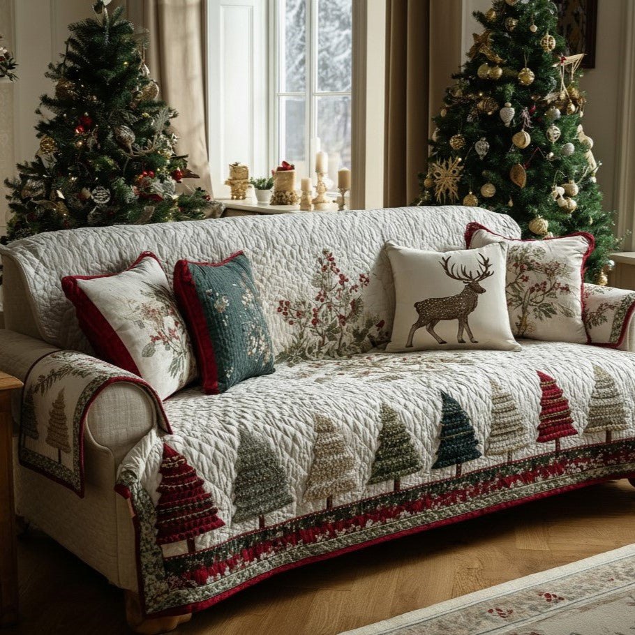 Deer and Pines on Cream Quilt Sofa Cover