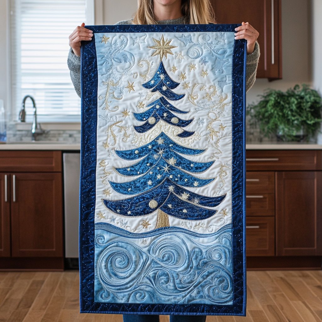 Tonal Blue Christmas Tree Table Runner