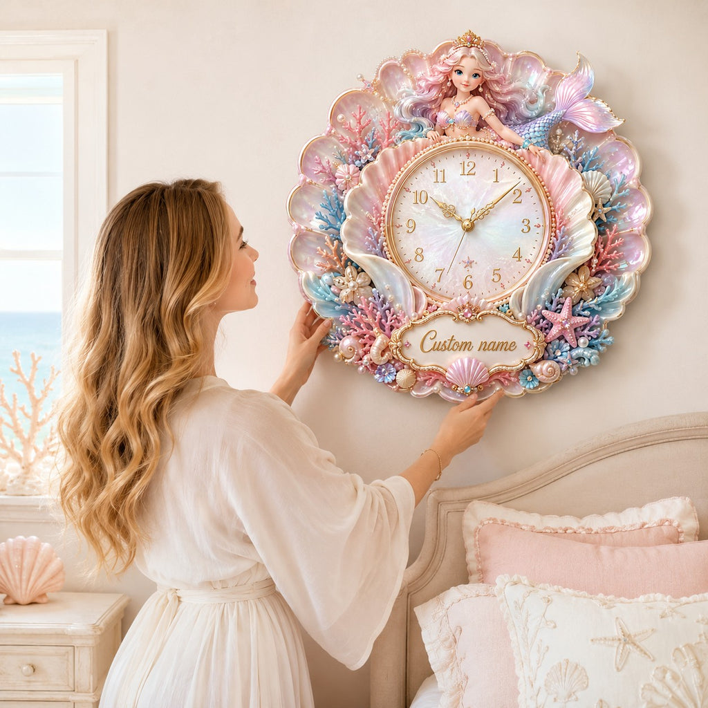 Personalized pink mermaid nursery decor Custom Name Wall Clock — personalized with a custom name