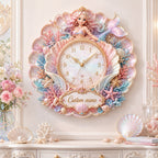 Personalized pink mermaid nursery decor Custom Name Wall Clock — personalized with a custom name
