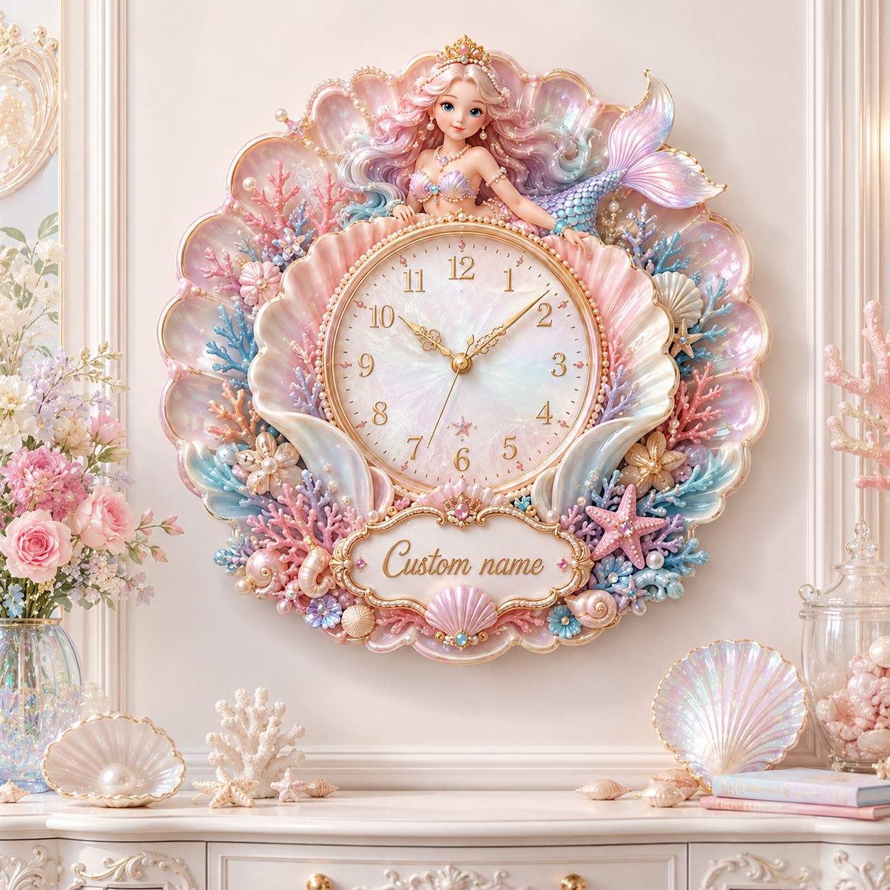 Personalized pink mermaid nursery decor Custom Name Wall Clock — personalized with a custom name