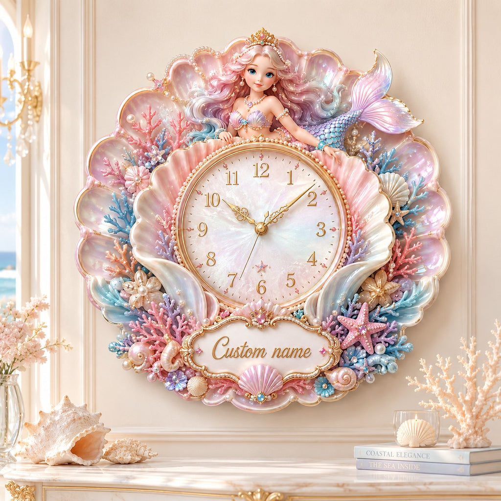 Personalized pink mermaid nursery decor Custom Name Wall Clock — personalized with a custom name