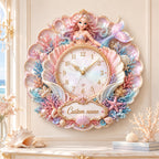 Personalized pink mermaid nursery decor Custom Name Wall Clock — personalized with a custom name