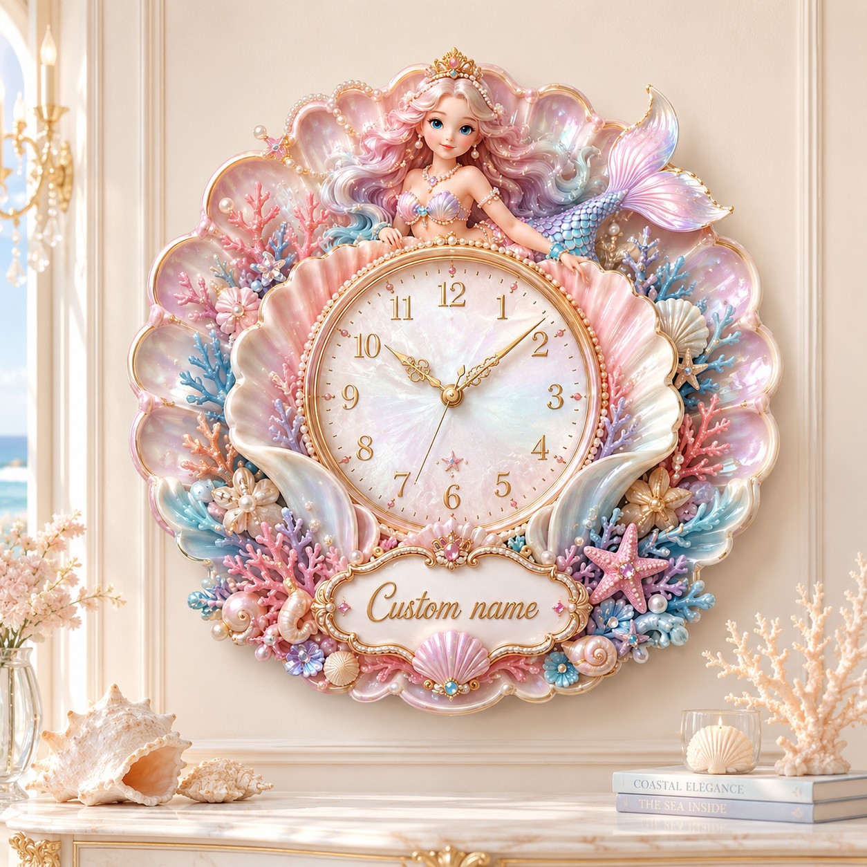 Personalized pink mermaid nursery decor Custom Name Wall Clock — personalized with a custom name