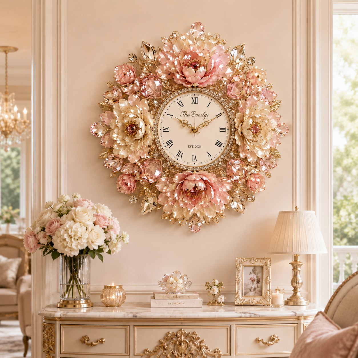 Peony Custom Name Wall Clock — personalized with a custom name