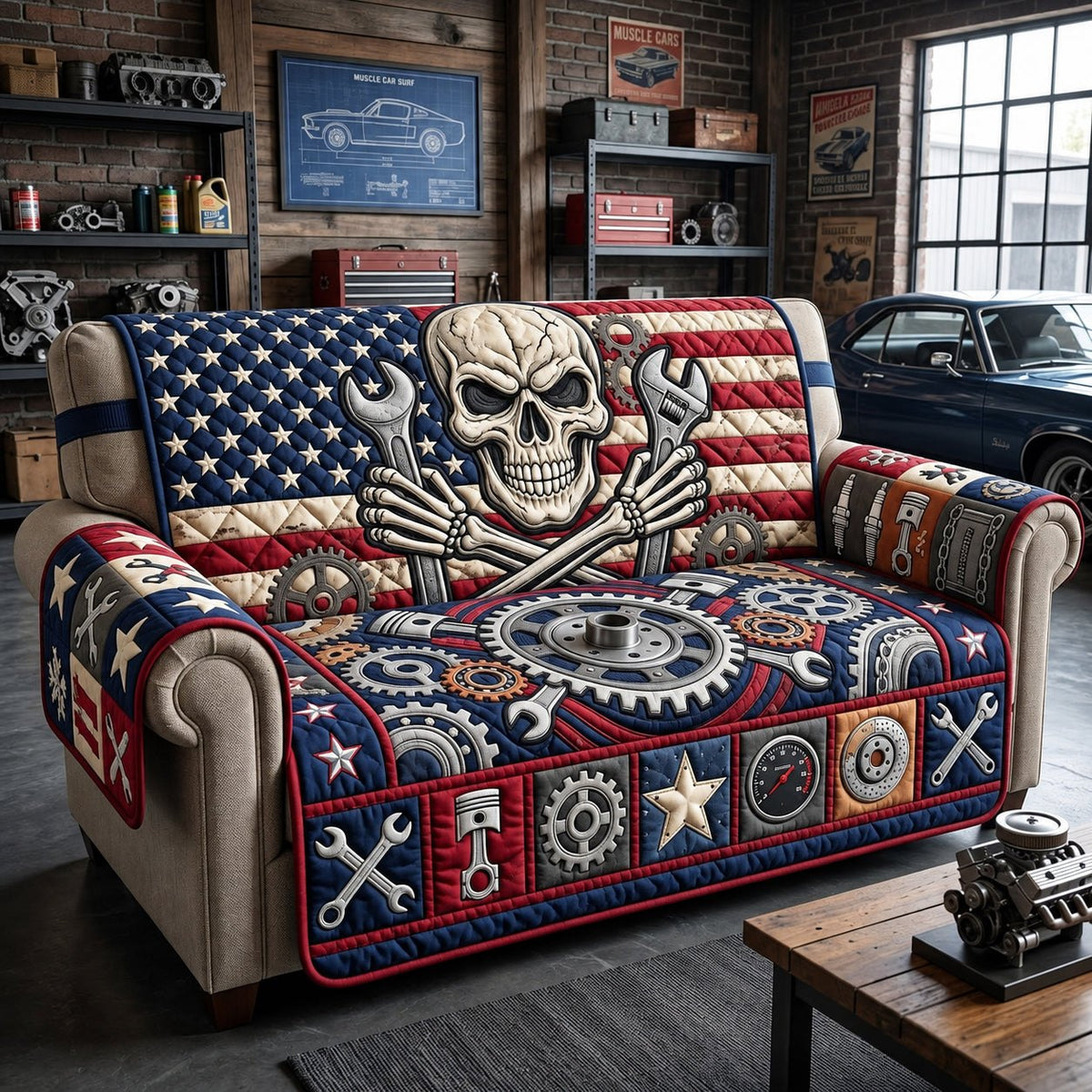 Us Mechanic Skull Sofa Cover
