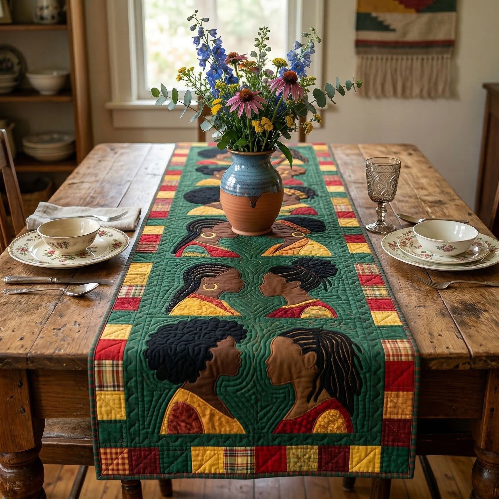 Portrait Profiles on Green Patchwork Table Runner