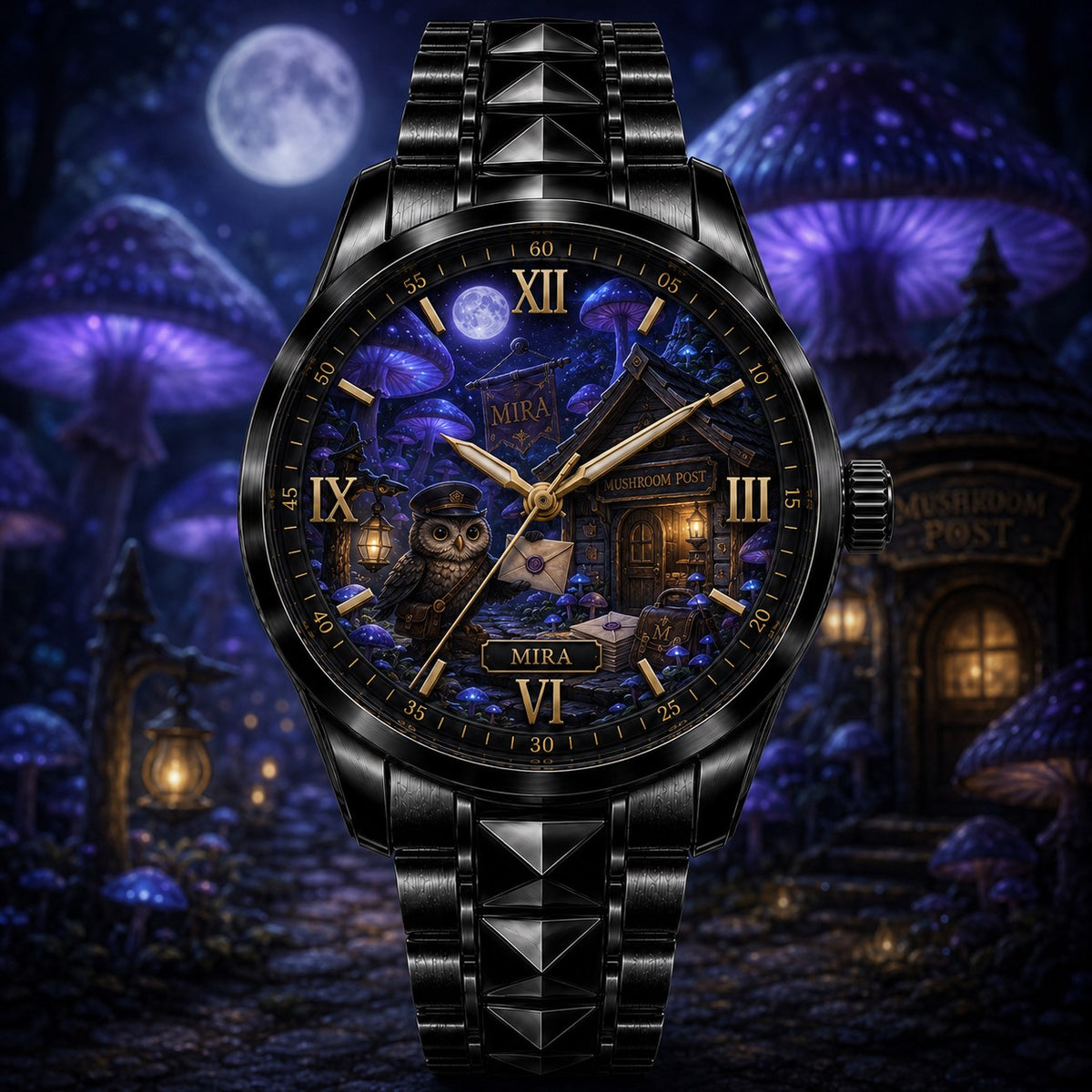 Custom Enchanted Mushroom Post Watch — personalized with a custom name