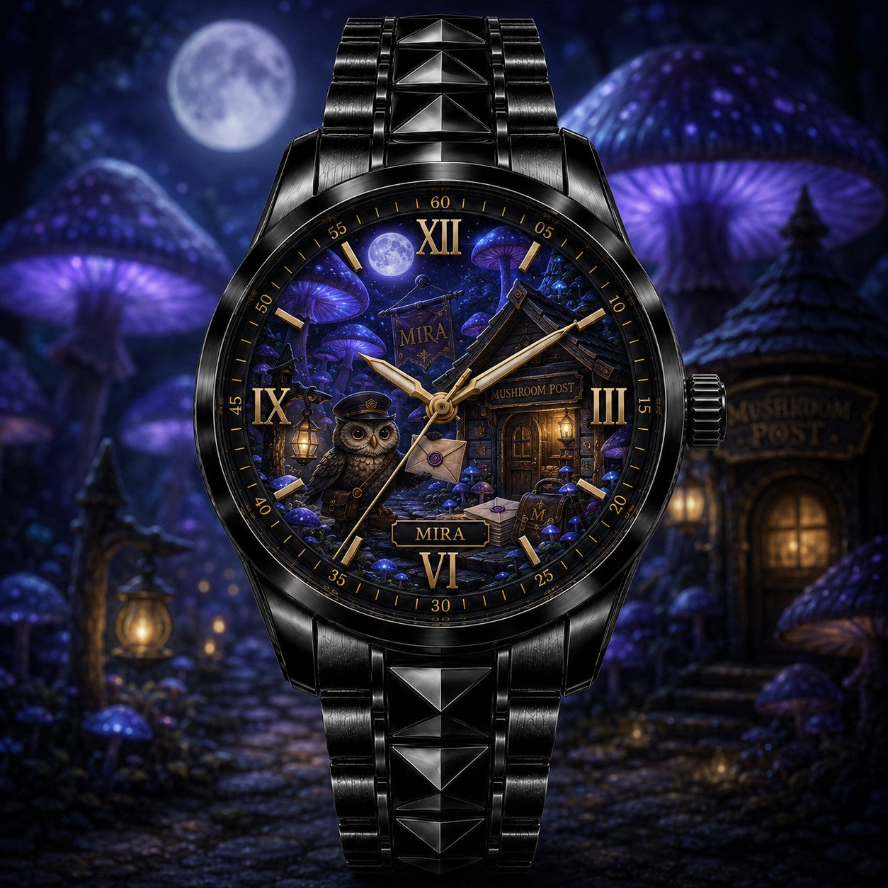 Custom Enchanted Mushroom Post Watch — personalized with a custom name