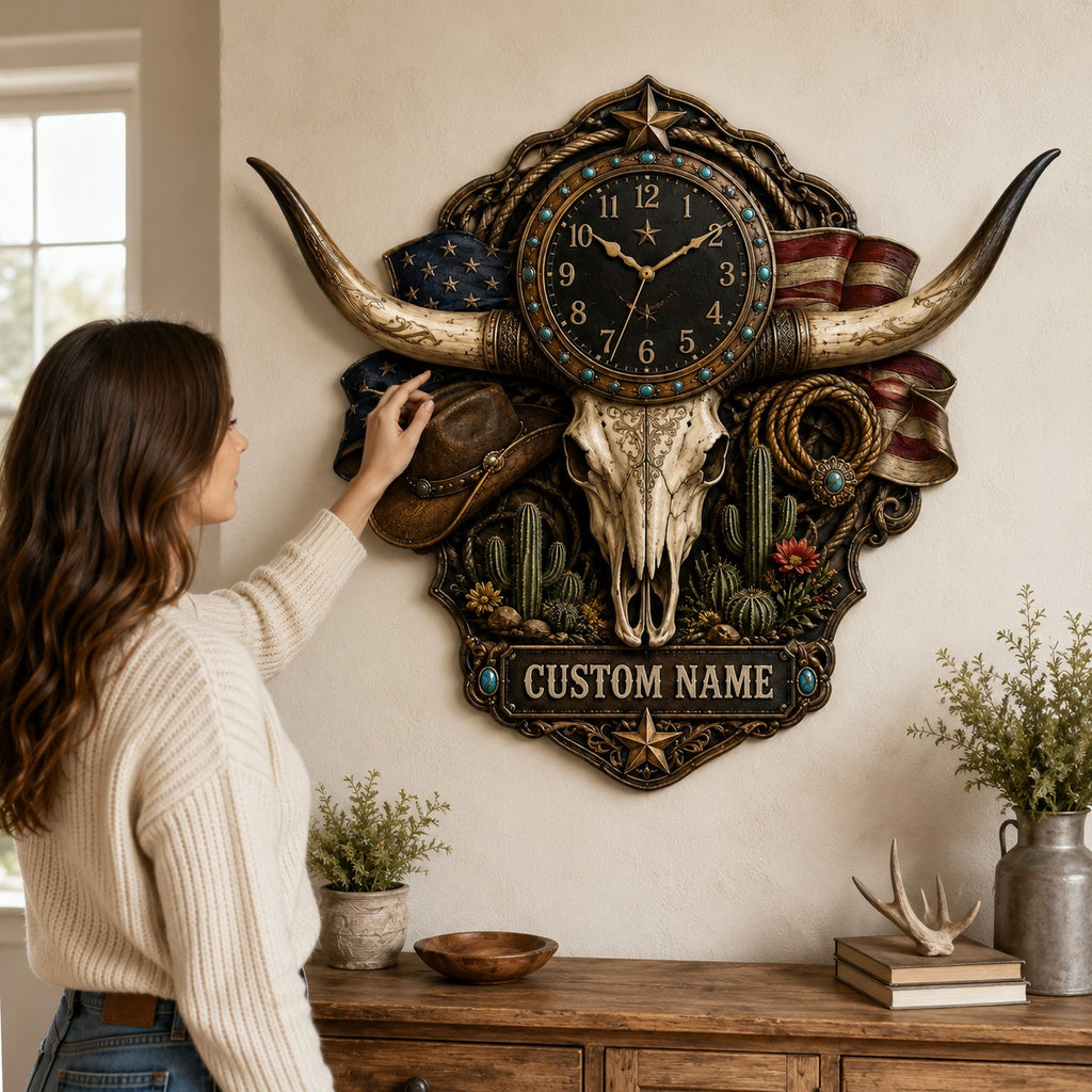 Patriotic Americana Custom Name Wall Clock — personalized with a custom name