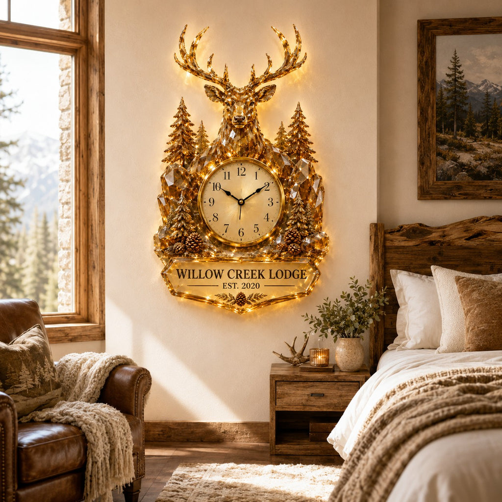 Deer lodge Custom Name Wall Clock — personalized with a custom name