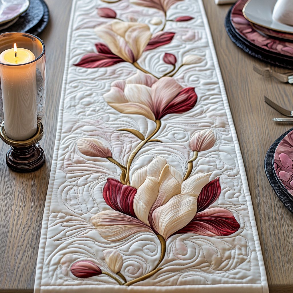 Pink Magnolia on Cream Panel Table Runner