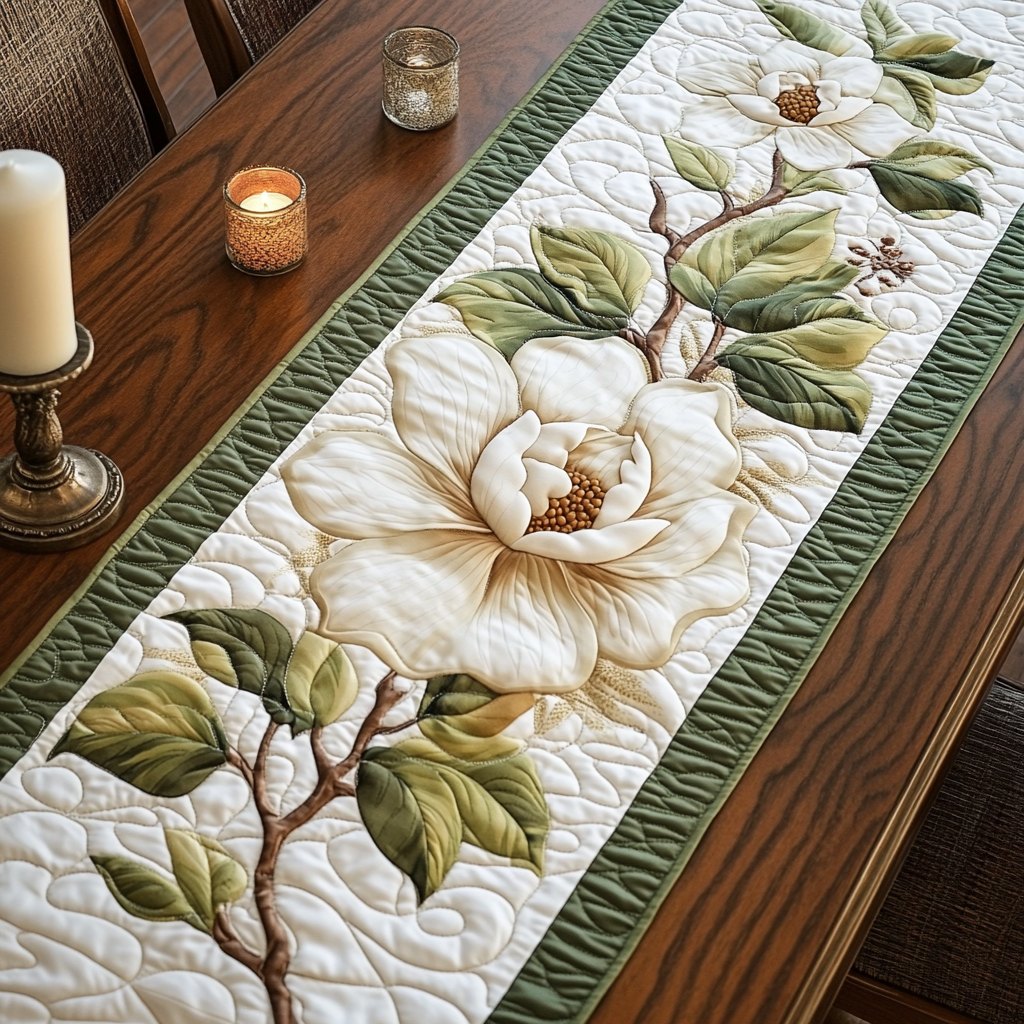 White Magnolia on Cream and Sage Table Runner