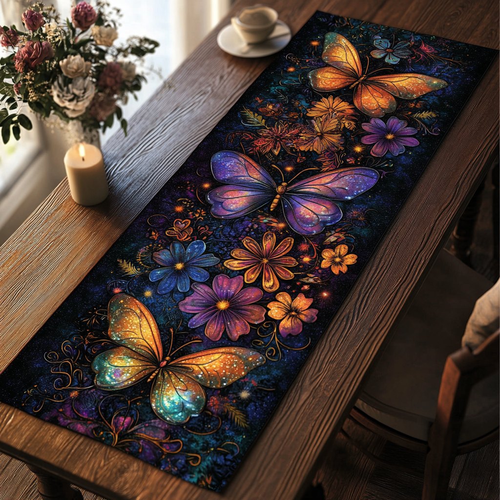 Butterflies with Flowers on Dark Table Runner