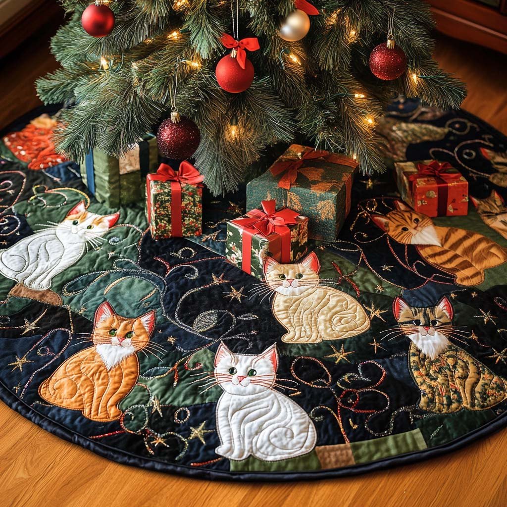 Cats and Presents on Navy Christmas Tree Skirt