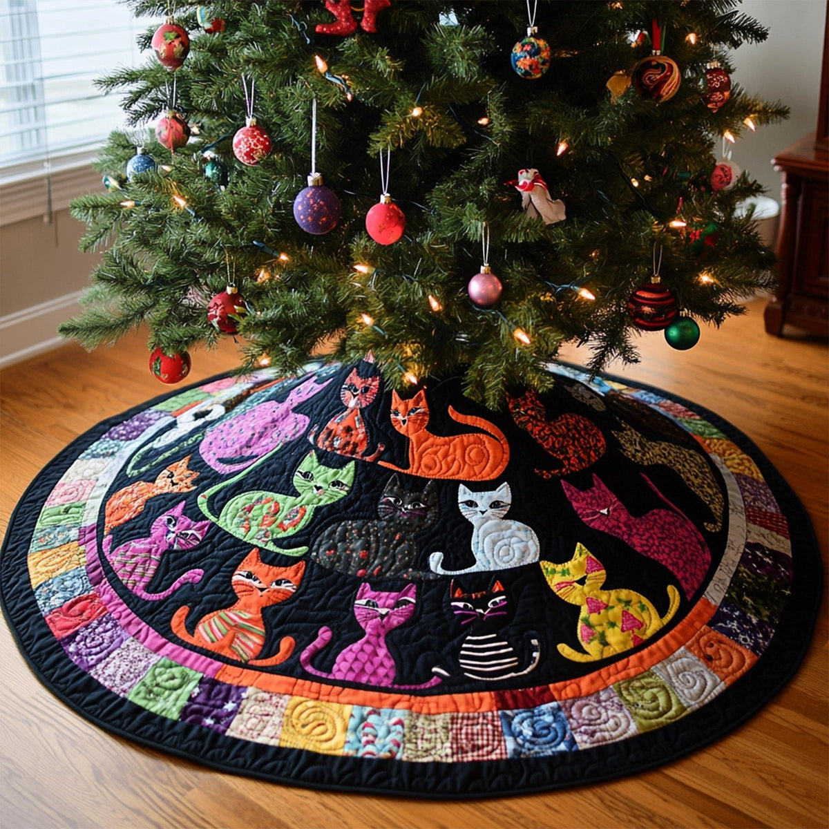 Rainbow Folk Cats on the Colour Ring Christmas Tree Skirt