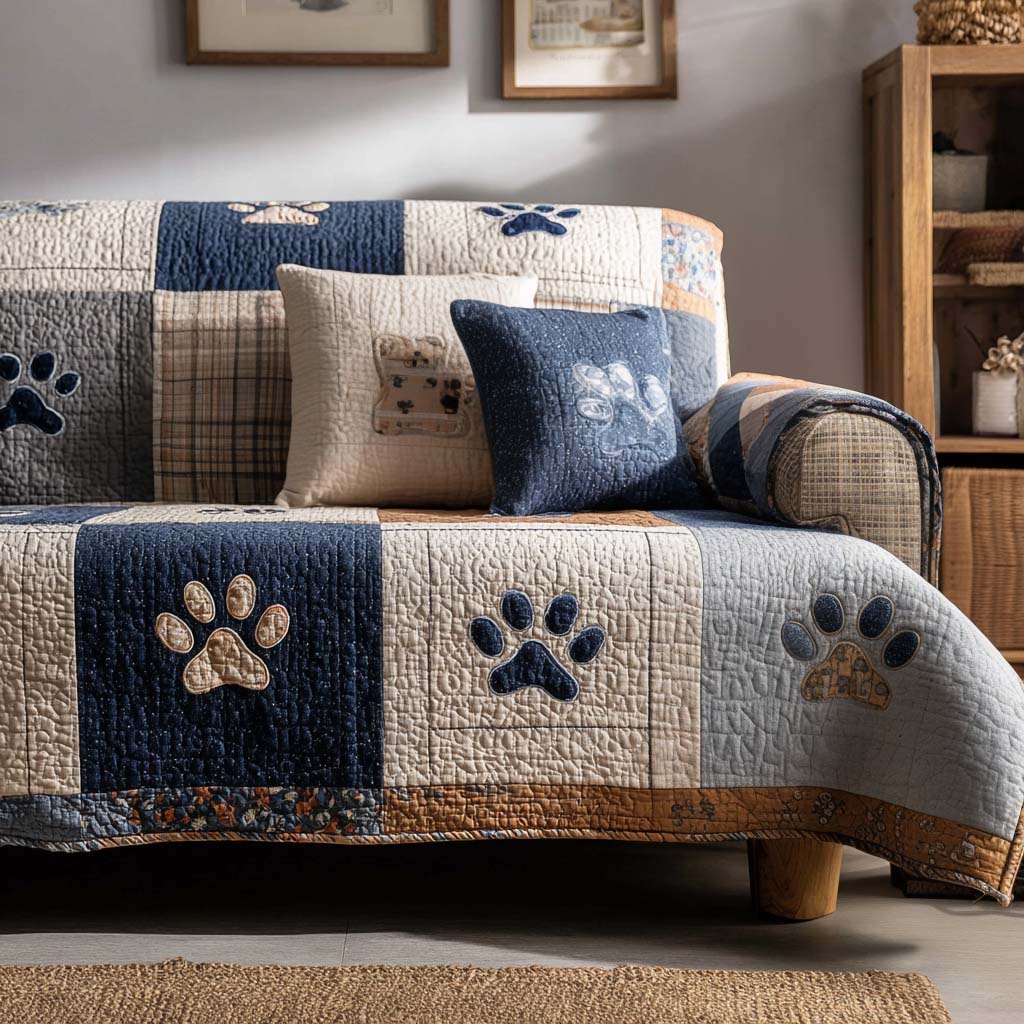 Paw Prints on Blue and Cream Squares Sofa Cover