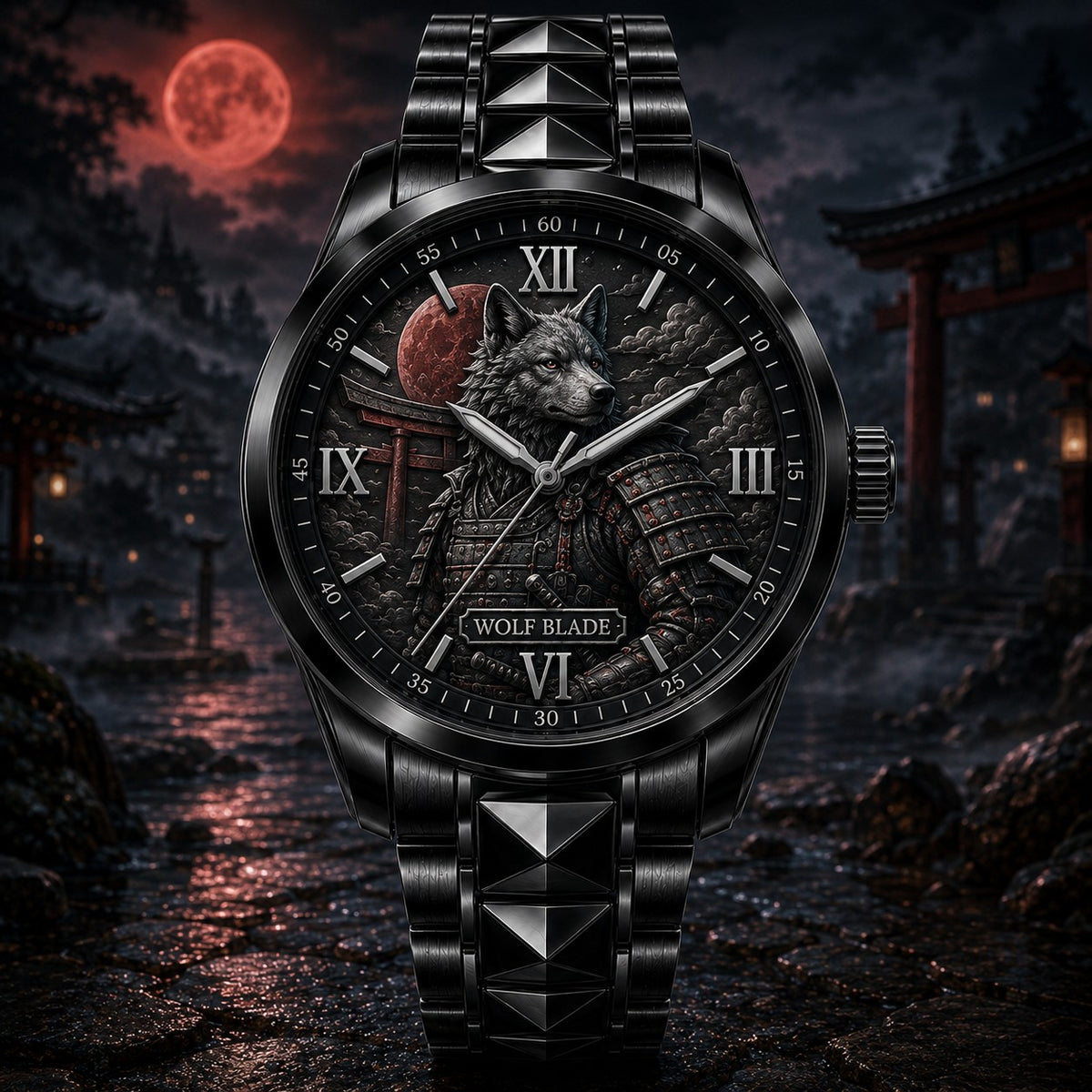 Personalized Samurai Wolf Watch with a custom name set into the design