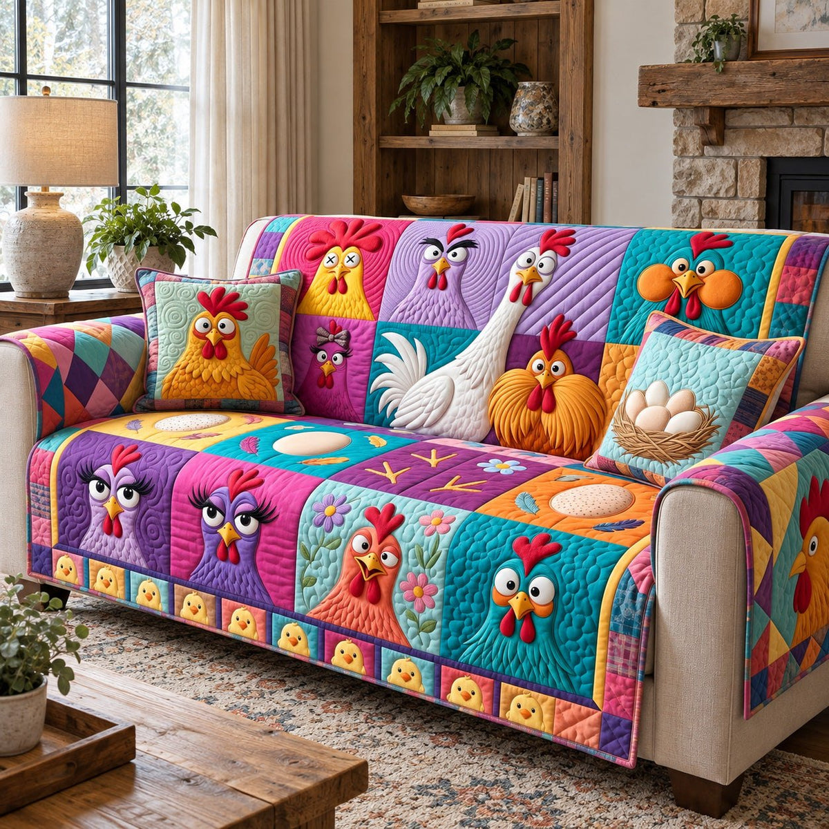 Vibrant Block Chickens Sofa Cover