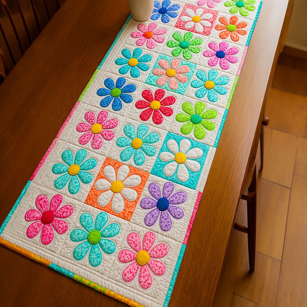 Bright Flower Blocks in Neon Table Runner