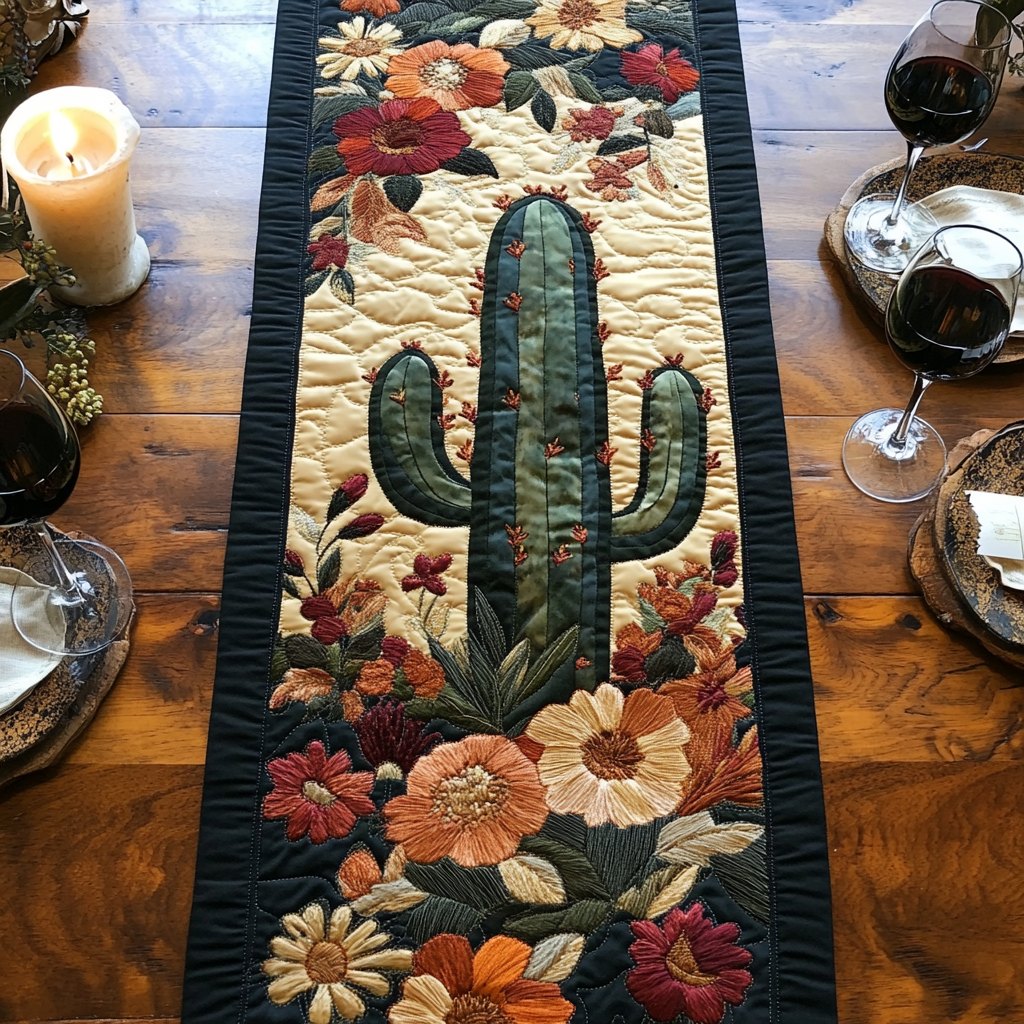 Tall Cactus with Desert Blooms Table Runner