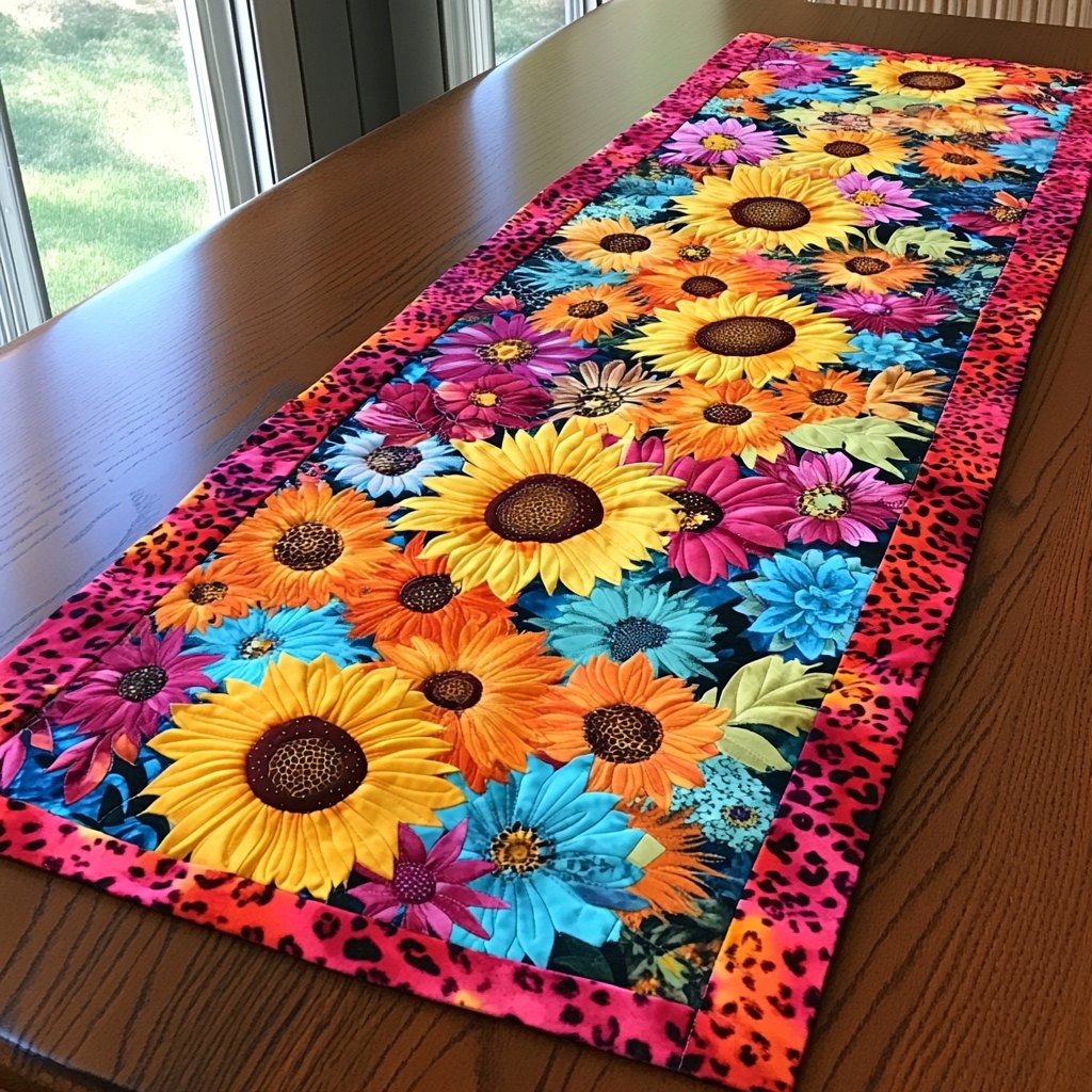 Sunflowers with Leopard Print Edge Table Runner