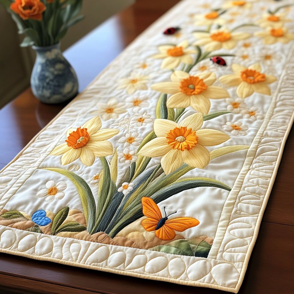 Daffodils with Butterfly on Cream Table Runner