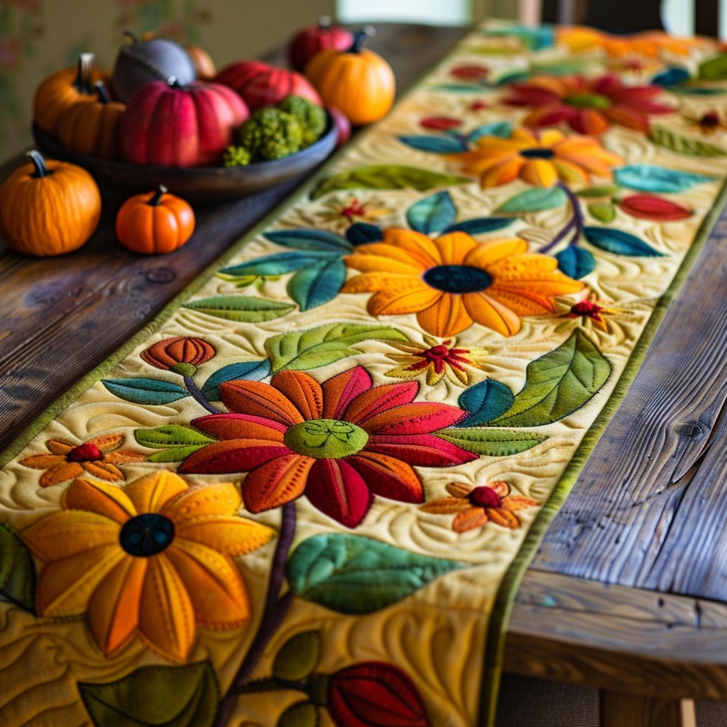 Colorful Daisies on Cream Panel Table Runner