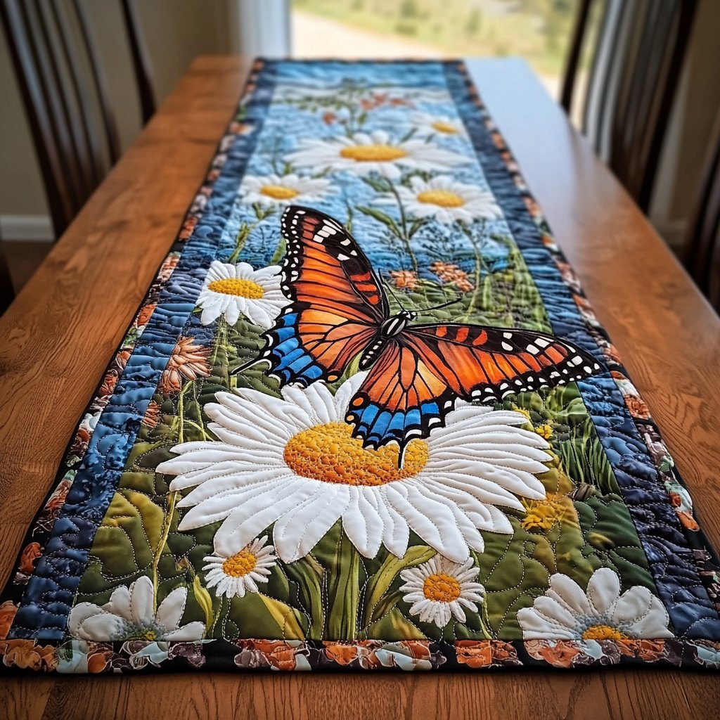 Monarch Butterfly on White Daisy Table Runner