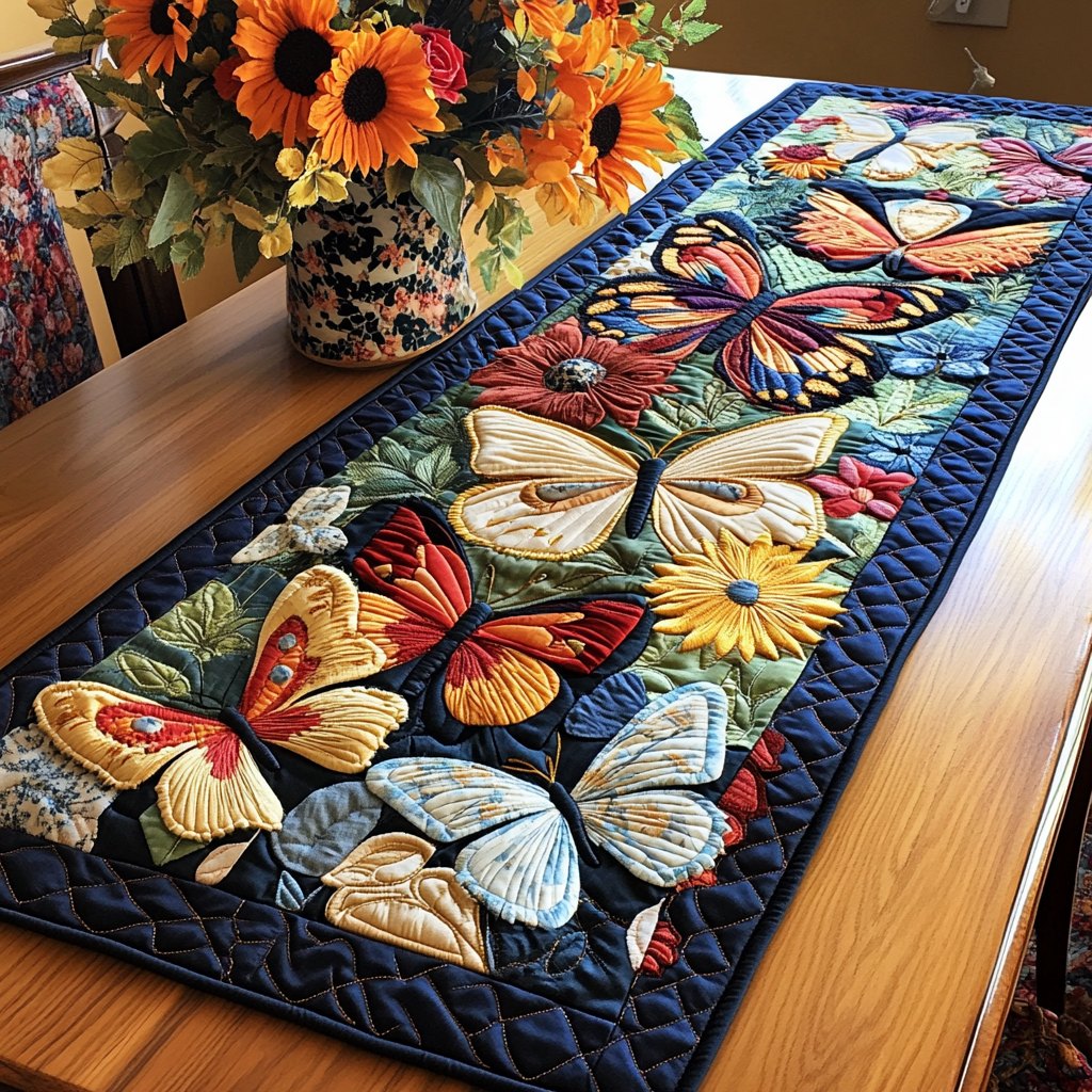 Butterflies on Navy Ground Table Runner