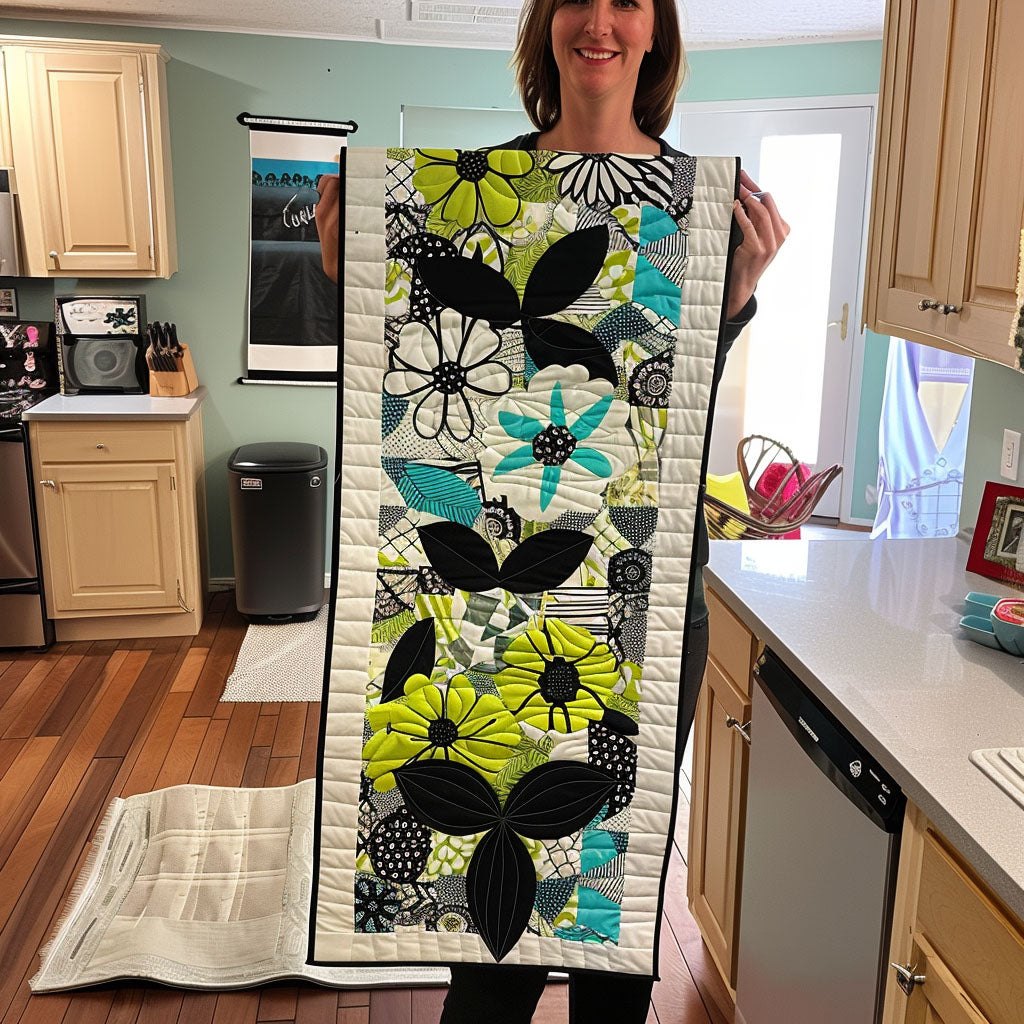 Black and Green Modern Flowers Table Runner