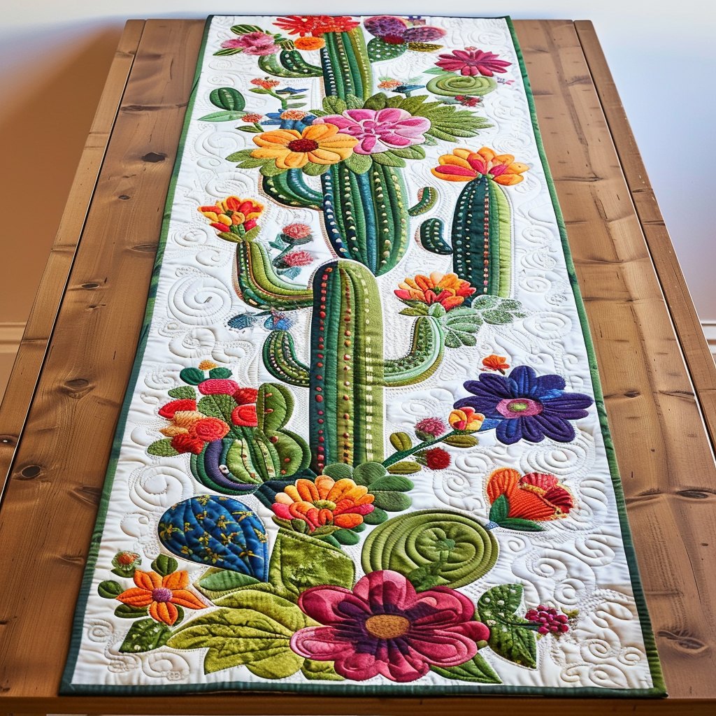 Cactus with Flowers on Cream Table Runner