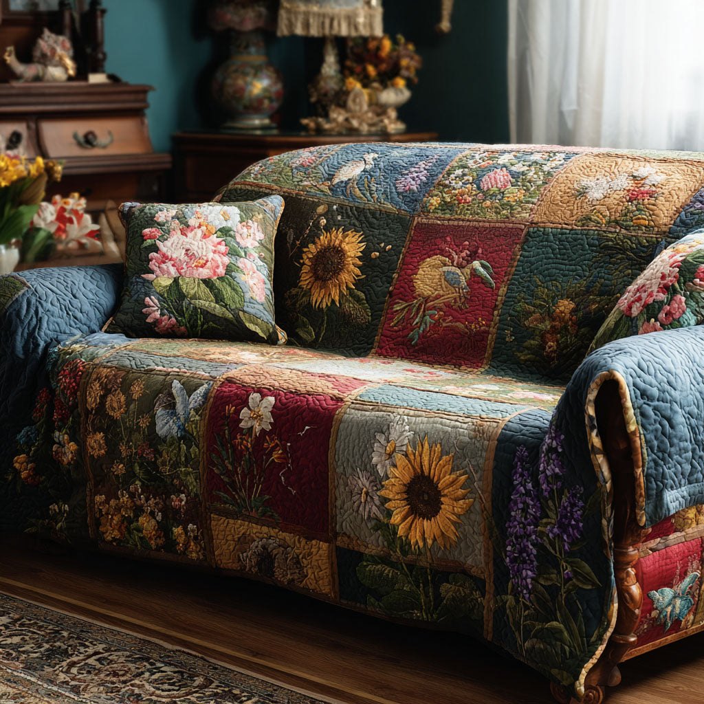 Sunflowers and Blossoms on Dark Blocks Sofa Cover