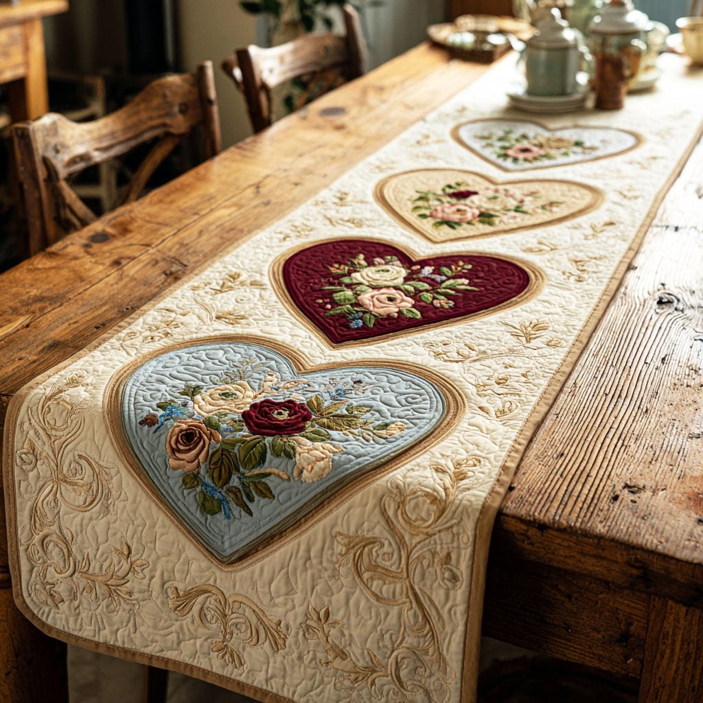 Floral Hearts on Cream Quilting Table Runner