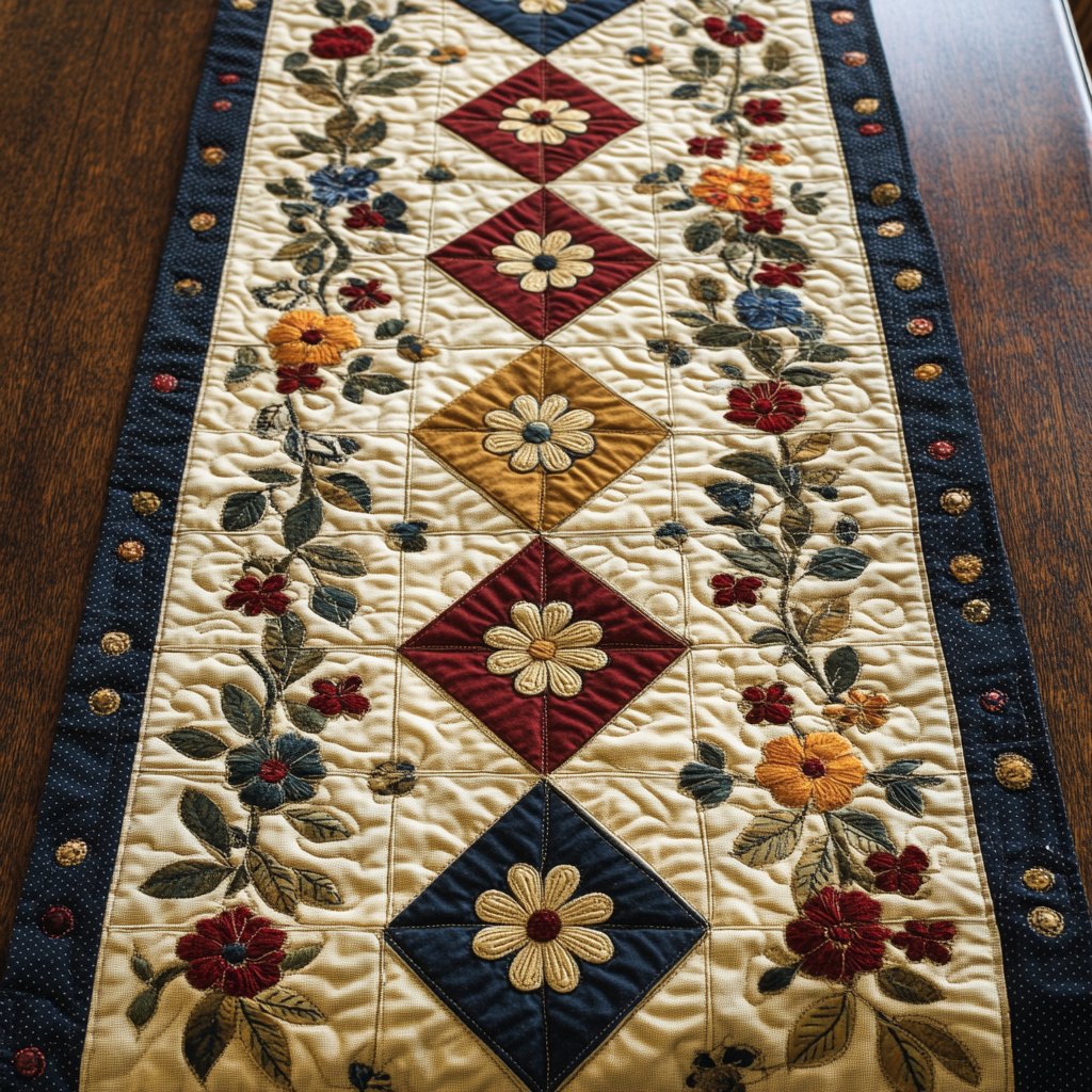 Diamond Blocks with Folk Flowers Table Runner