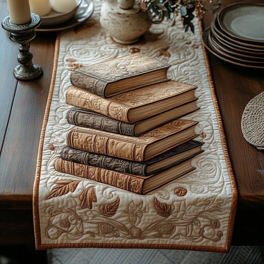 Stack of Old Books on Cream Table Runner