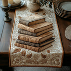 Stack of Old Books on Cream Table Runner