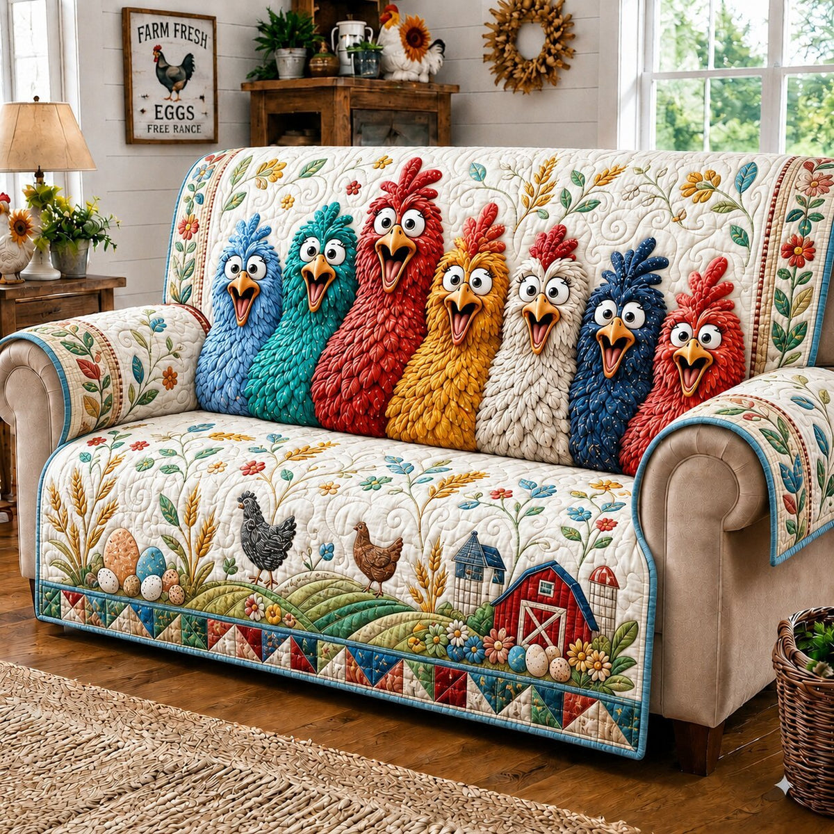 Vintage Chickens Garden Sofa Cover