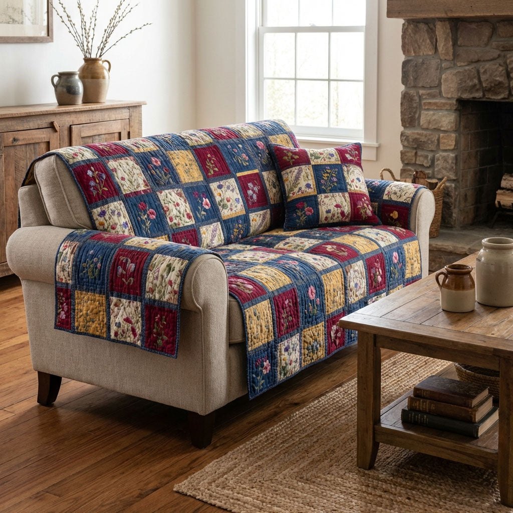 Floral Squares on Navy and Cream Sofa Cover