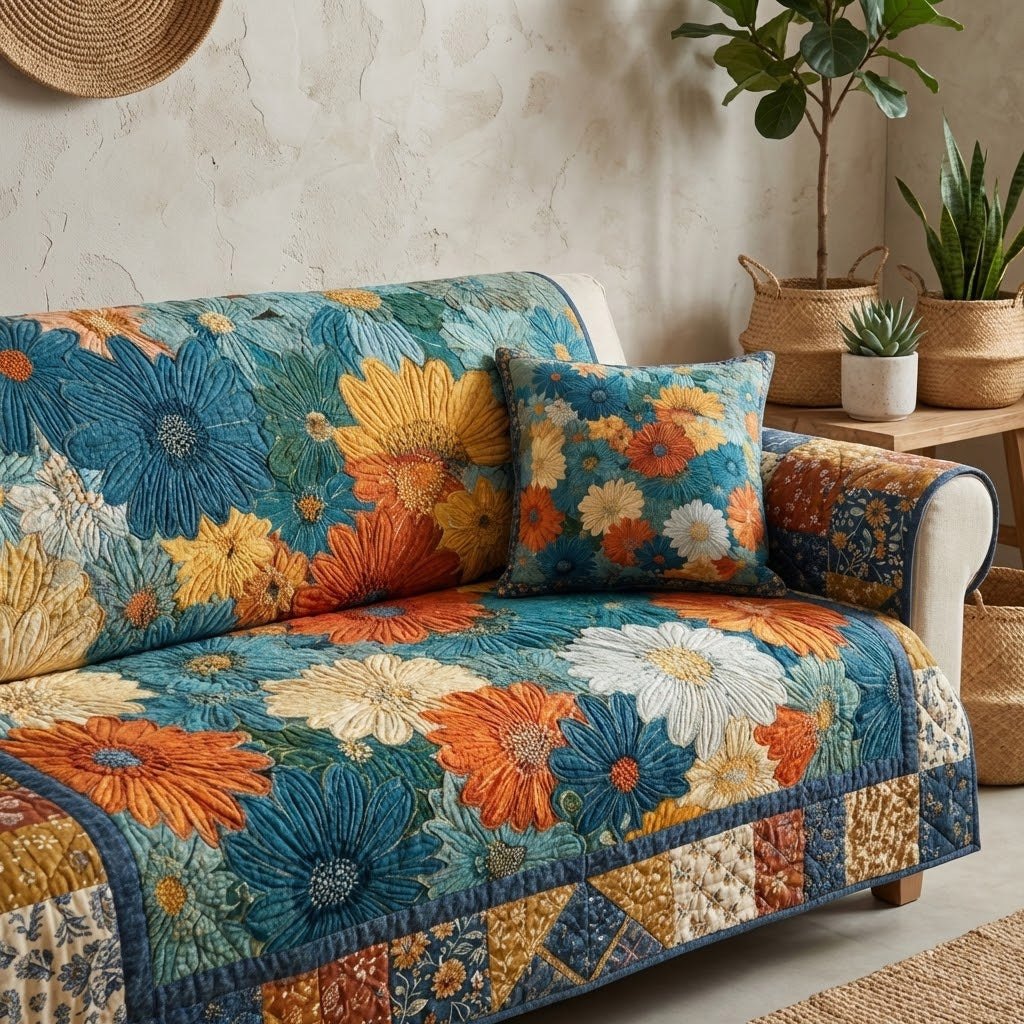Blue and Orange Flowers on Teal Sofa Cover