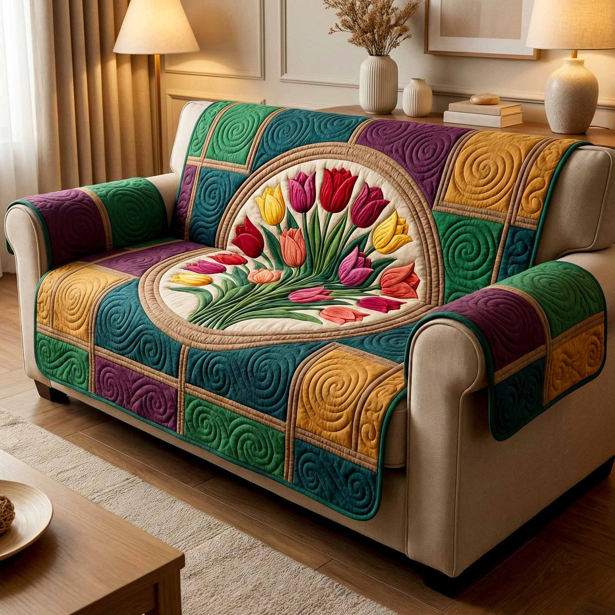 Tulips on Bright Swirled Patchwork Sofa Cover