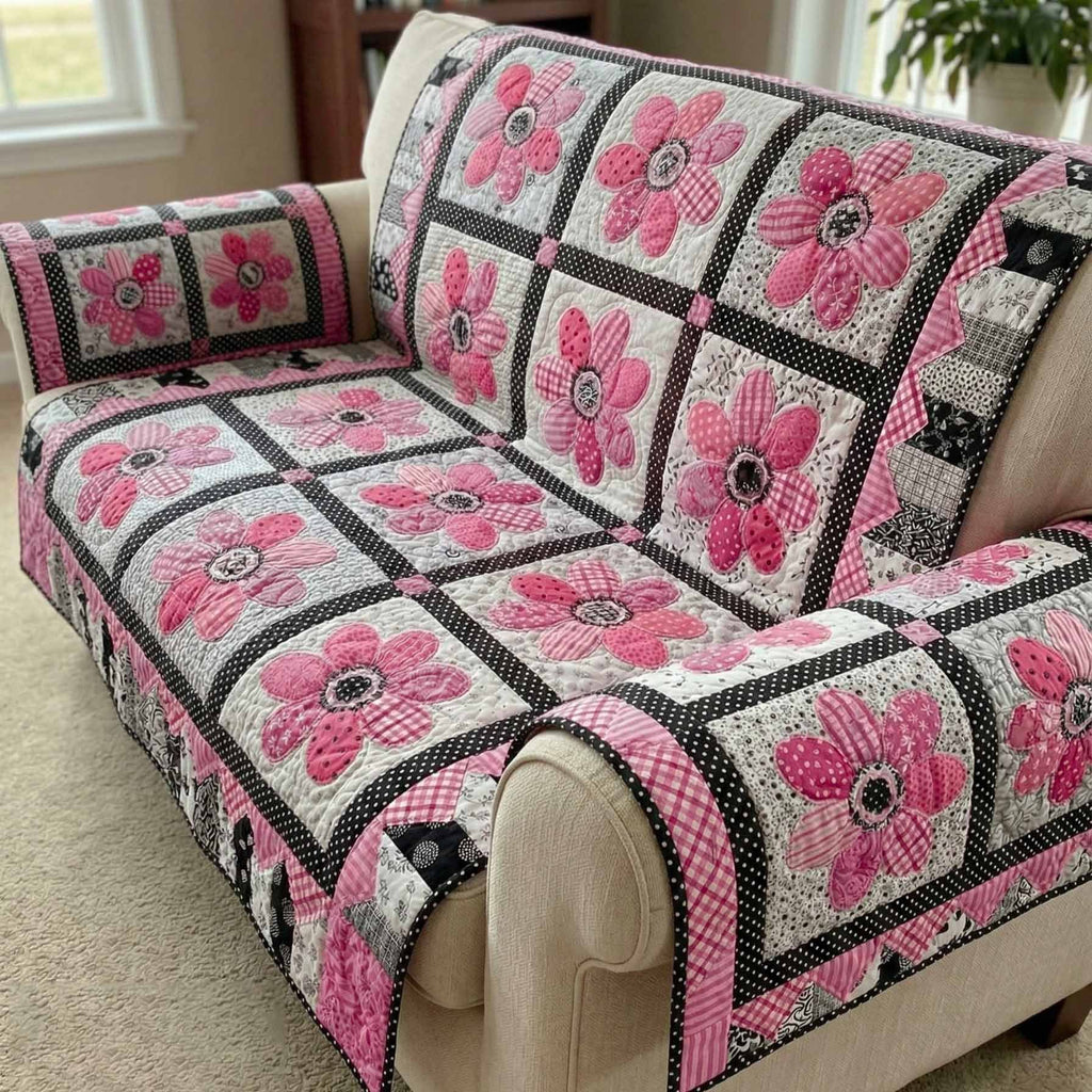 Pink Flowers on White Squares Sofa Cover