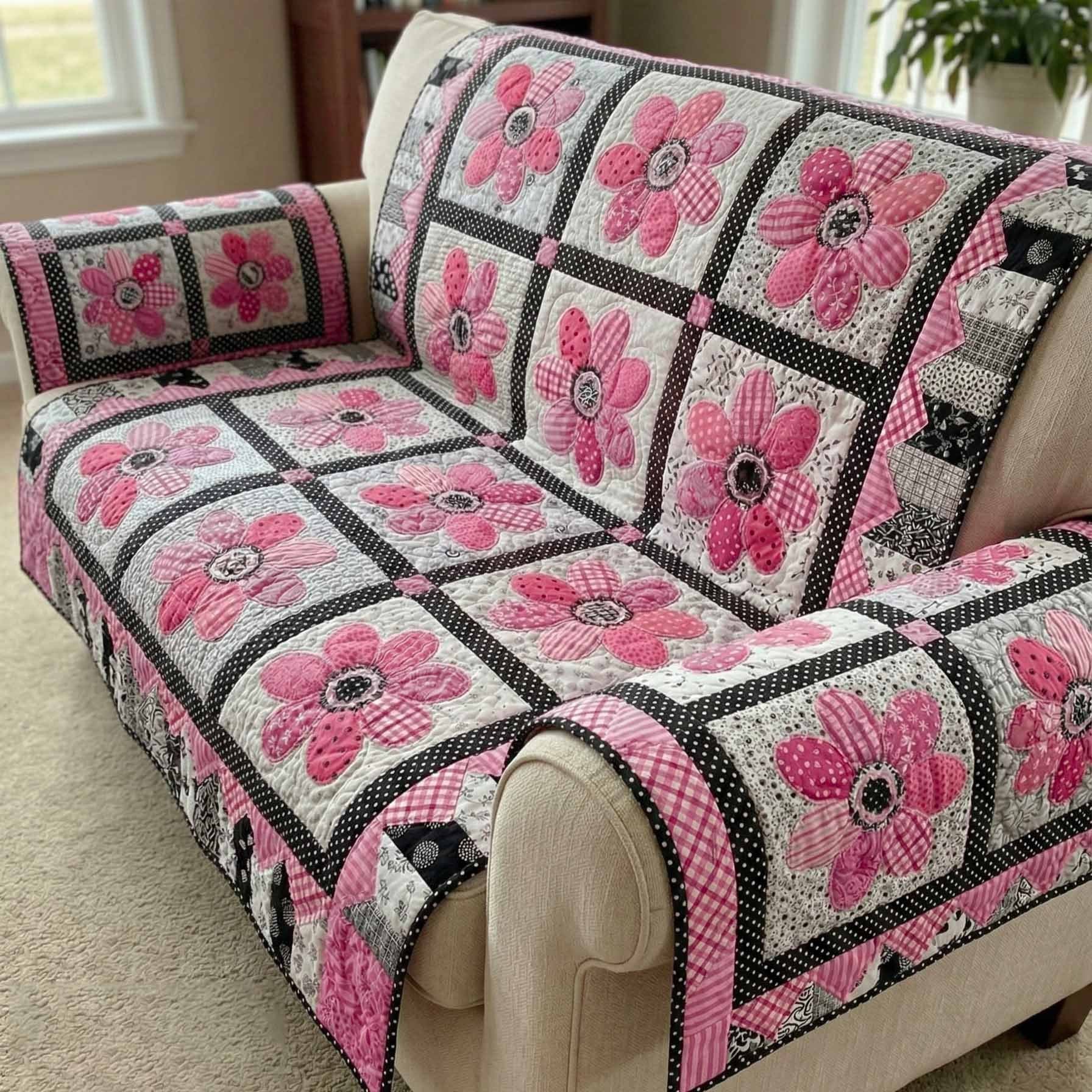 Pink Flowers on White Squares Sofa Cover