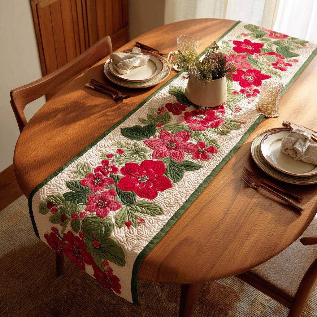Red Flowers on Cream Border Table Runner