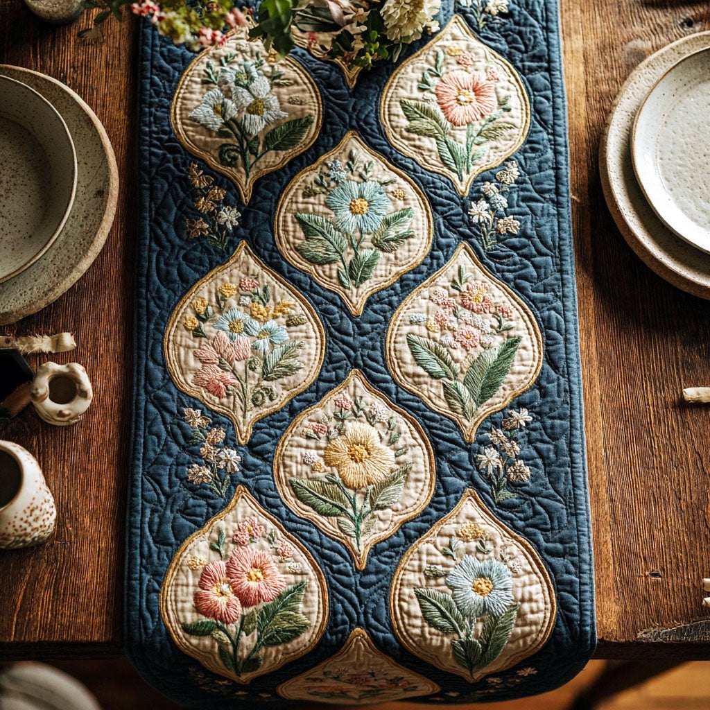 Floral Teardrops on Blue Table Runner