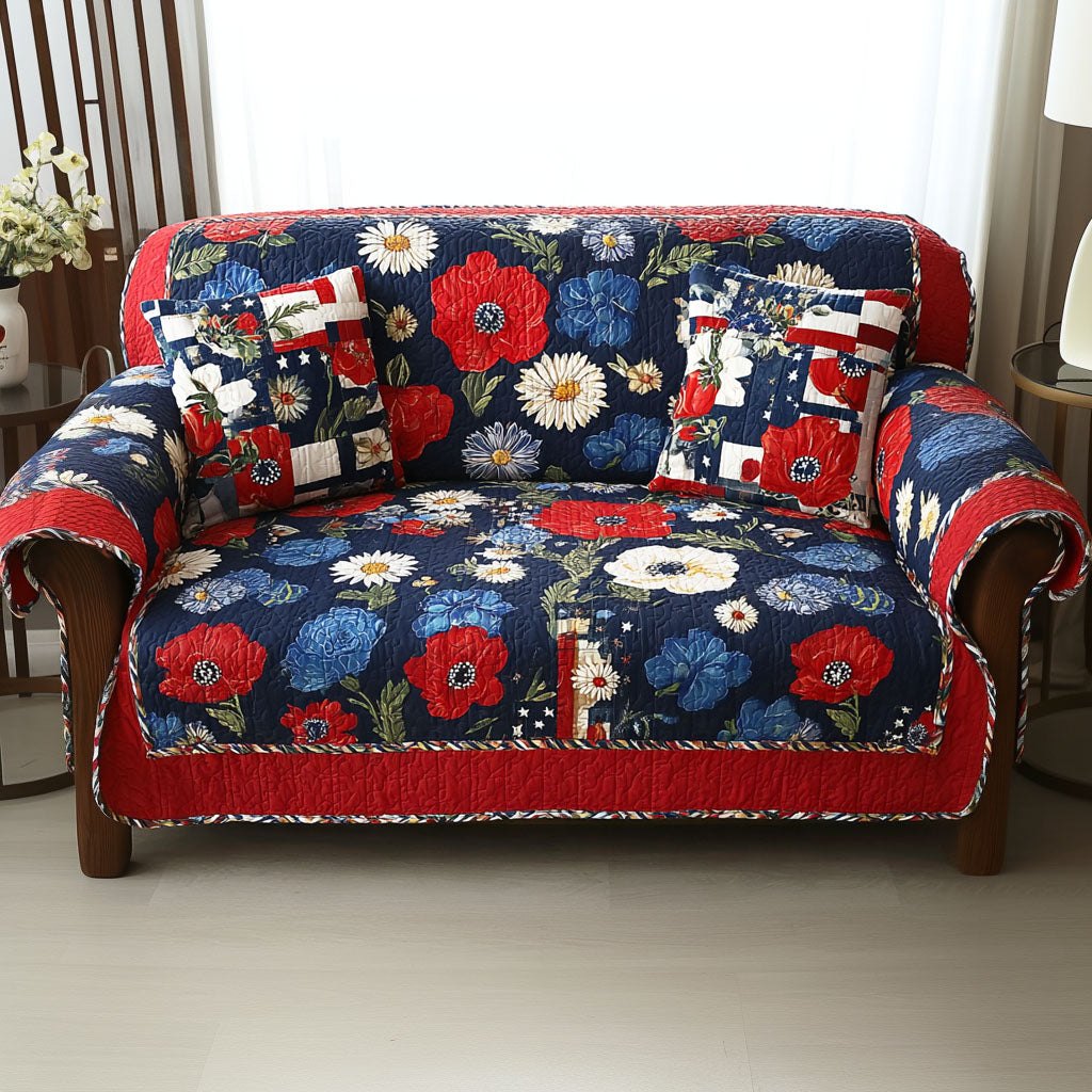 Red and Blue Flowers on Navy Sofa Cover