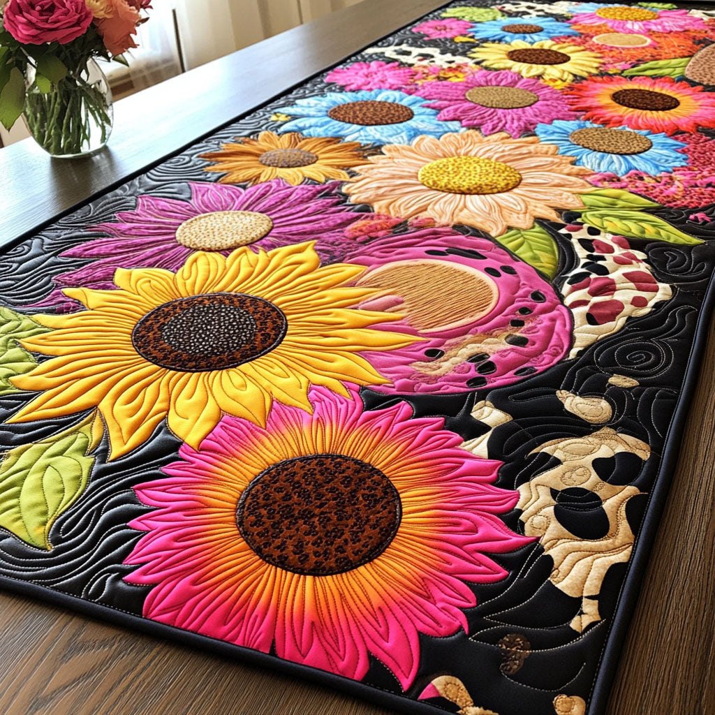 Pink and Yellow Sunflowers with Cow Print Table Runner