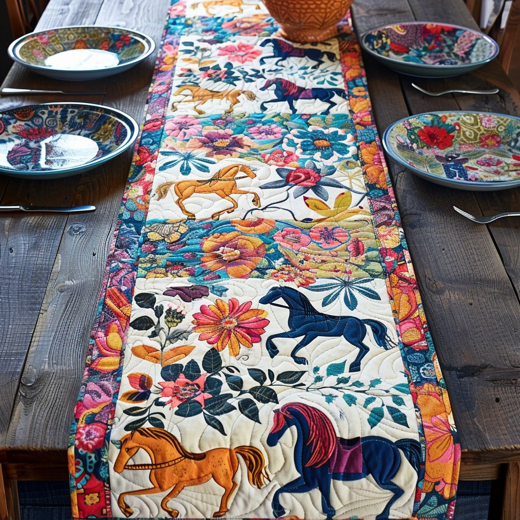 Folk Horses on Cream with Flowers Table Runner